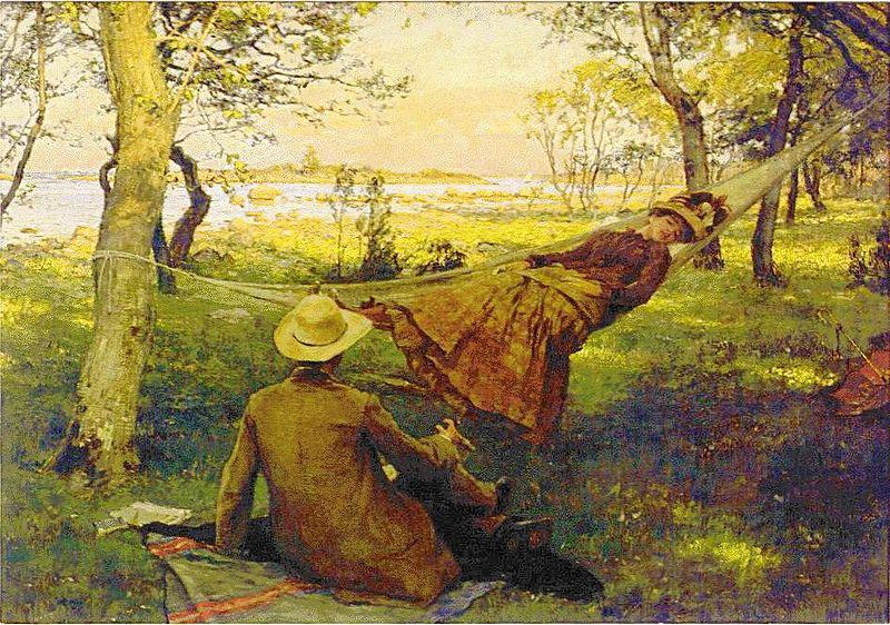 johan krouthen Siesta med hustrun Hulda i hangmattan oil painting image